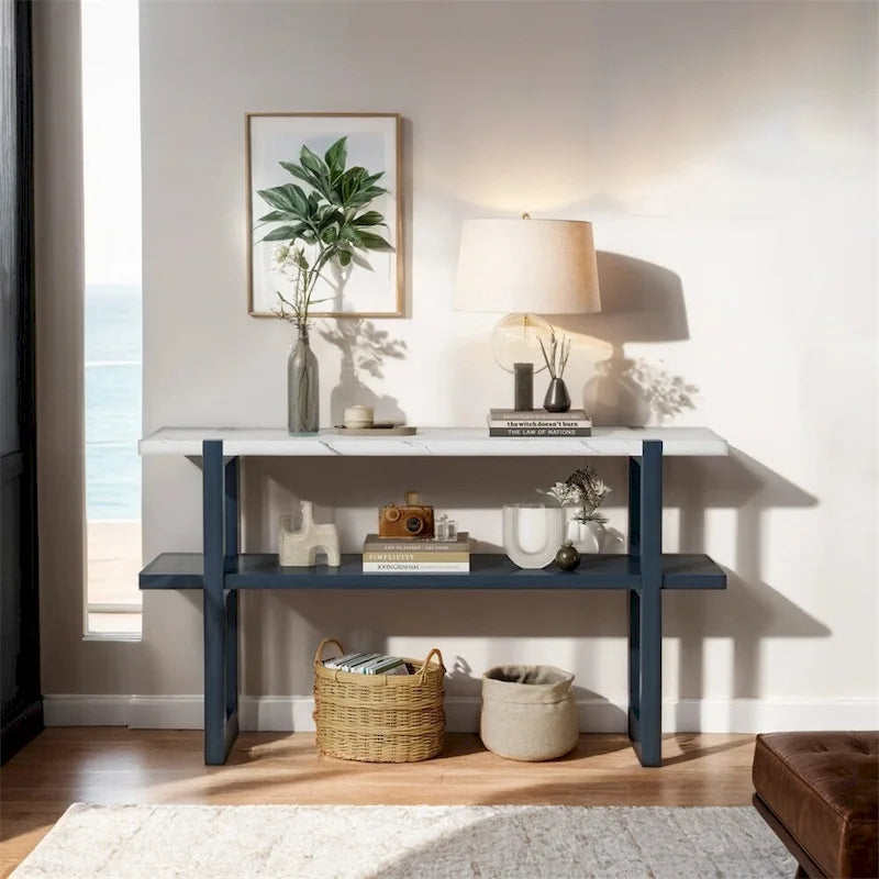 Console Rétro Élégante avec Plateau Effet Marbre et Rangement Polyvalent