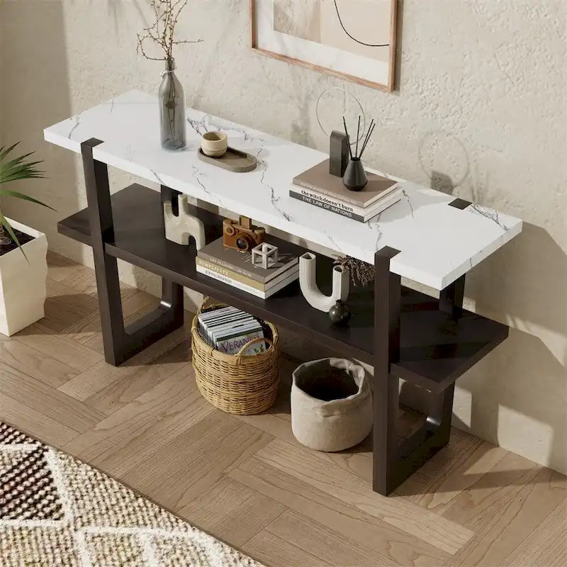 Console Rétro Élégante avec Plateau Effet Marbre et Rangement Polyvalent