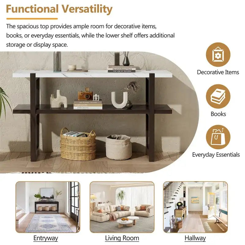 Console Rétro Élégante avec Plateau Effet Marbre et Rangement Polyvalent