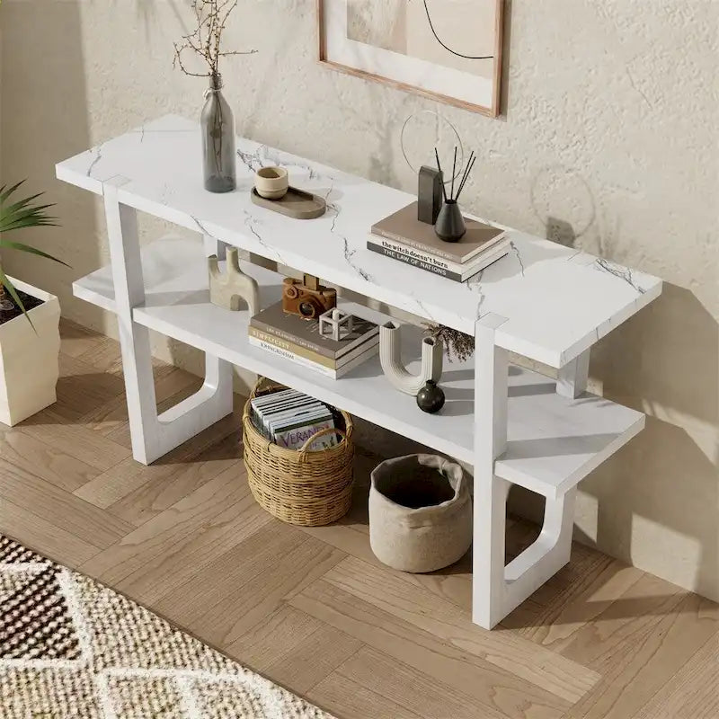 Console Rétro Élégante avec Plateau Effet Marbre et Rangement Polyvalent
