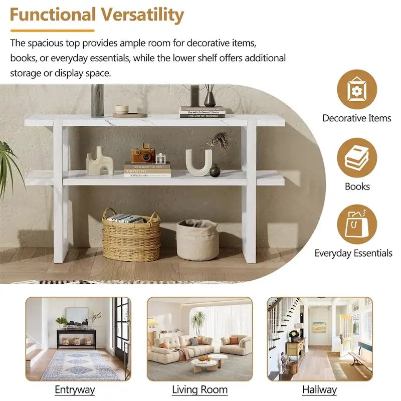 Console Rétro Élégante avec Plateau Effet Marbre et Rangement Polyvalent