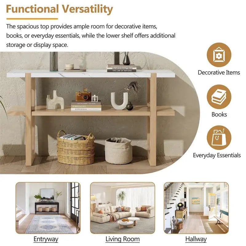 Console Rétro Élégante avec Plateau Effet Marbre et Rangement Polyvalent