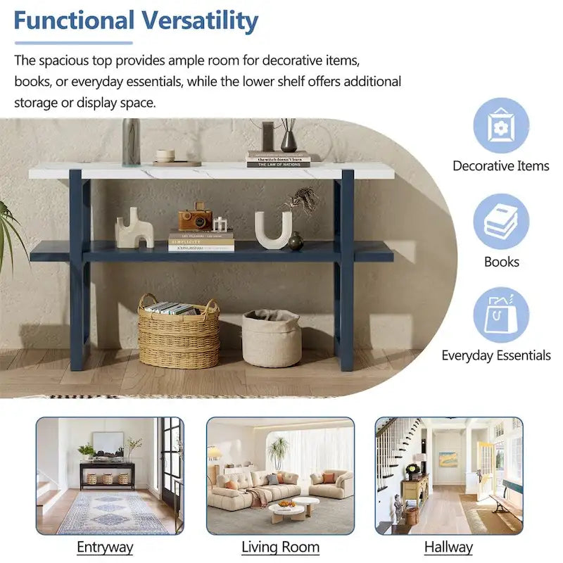 Console Rétro Élégante avec Plateau Effet Marbre et Rangement Polyvalent