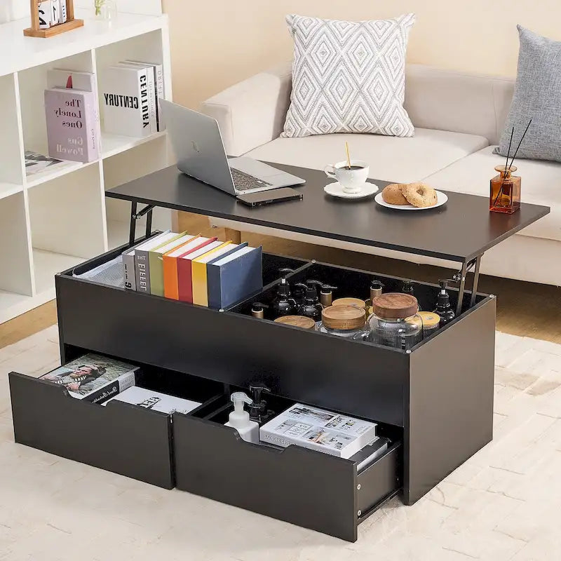 Table basse relevable avec rangement, compartiment caché et 2 tiroirs, table de salon