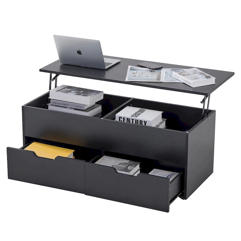 Table basse relevable avec rangement, compartiment caché et 2 tiroirs, table de salon