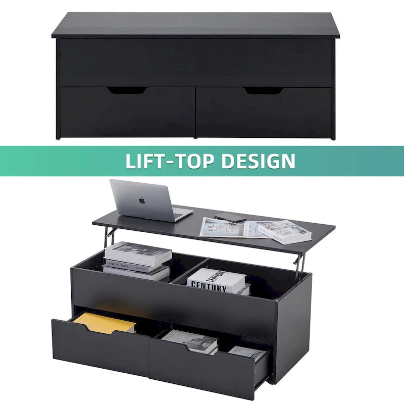 Table basse relevable avec rangement, compartiment caché et 2 tiroirs, table de salon