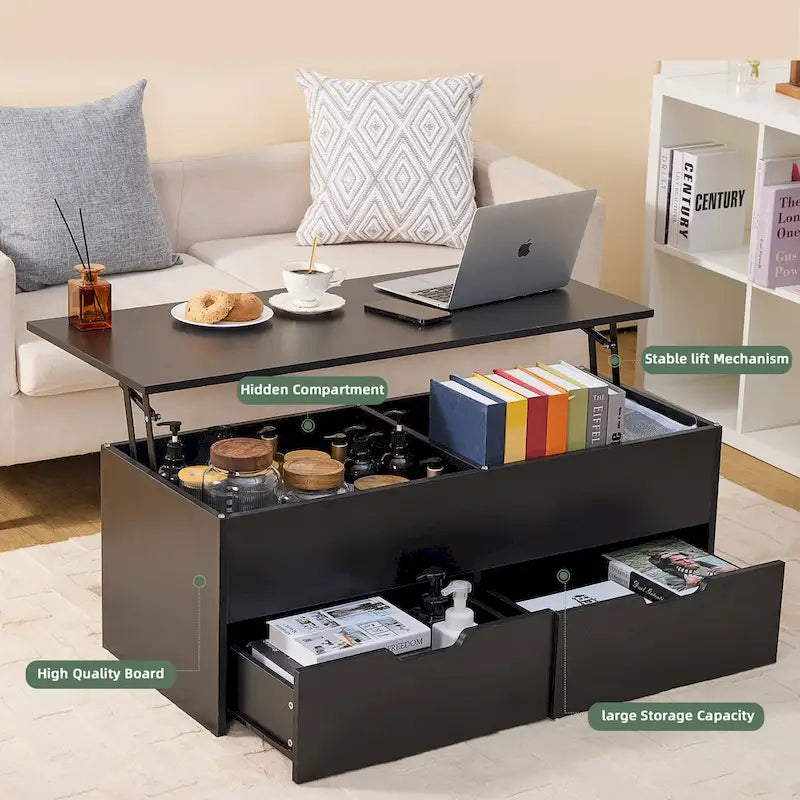 Table basse relevable avec rangement, compartiment caché et 2 tiroirs, table de salon