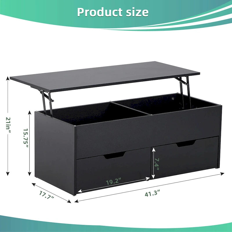 Table basse relevable avec rangement, compartiment caché et 2 tiroirs, table de salon