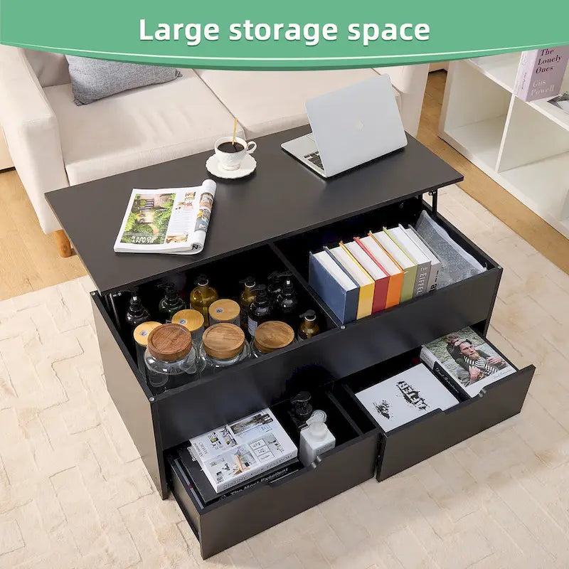 Table basse relevable avec rangement, compartiment caché et 2 tiroirs, table de salon