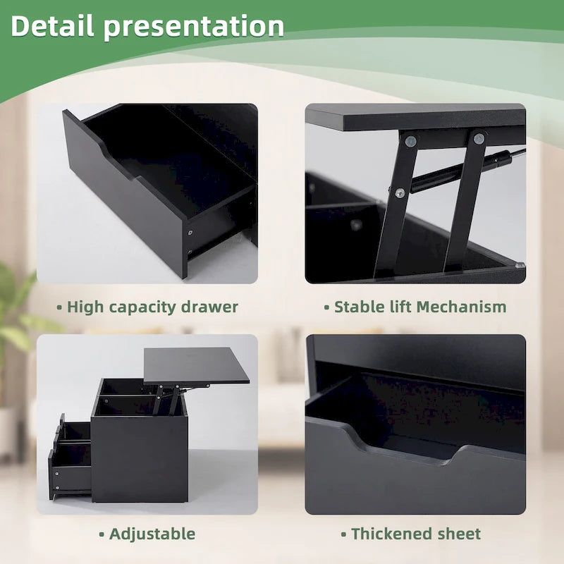 Table basse relevable avec rangement, compartiment caché et 2 tiroirs, table de salon