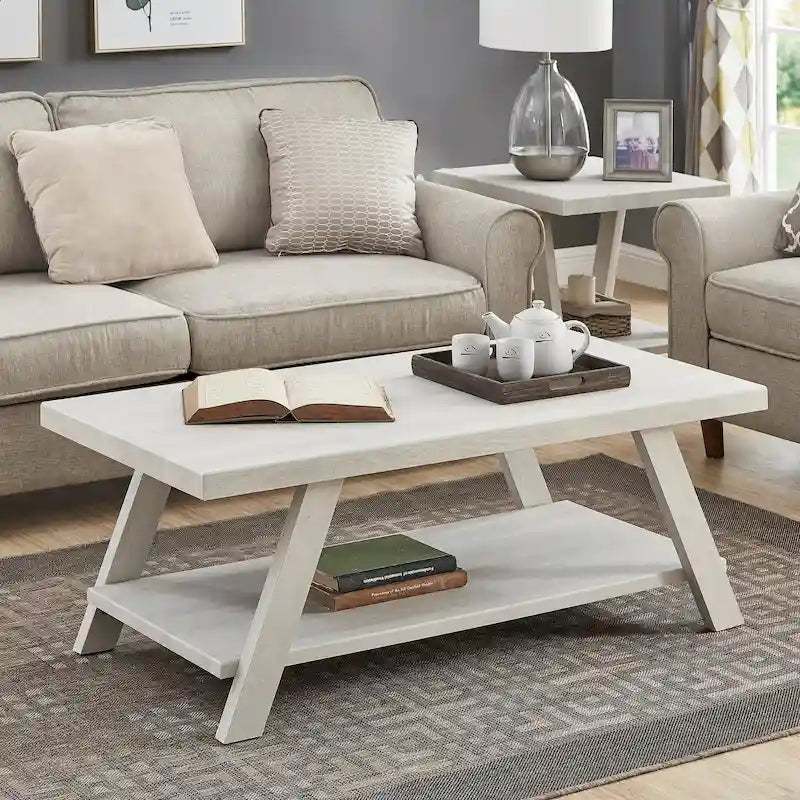 Table basse contemporaine en bois avec étagère, finition blanche, pour salon