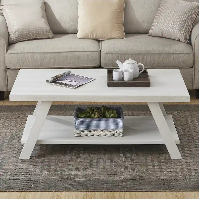 Table basse contemporaine en bois avec étagère, finition blanche, pour salon