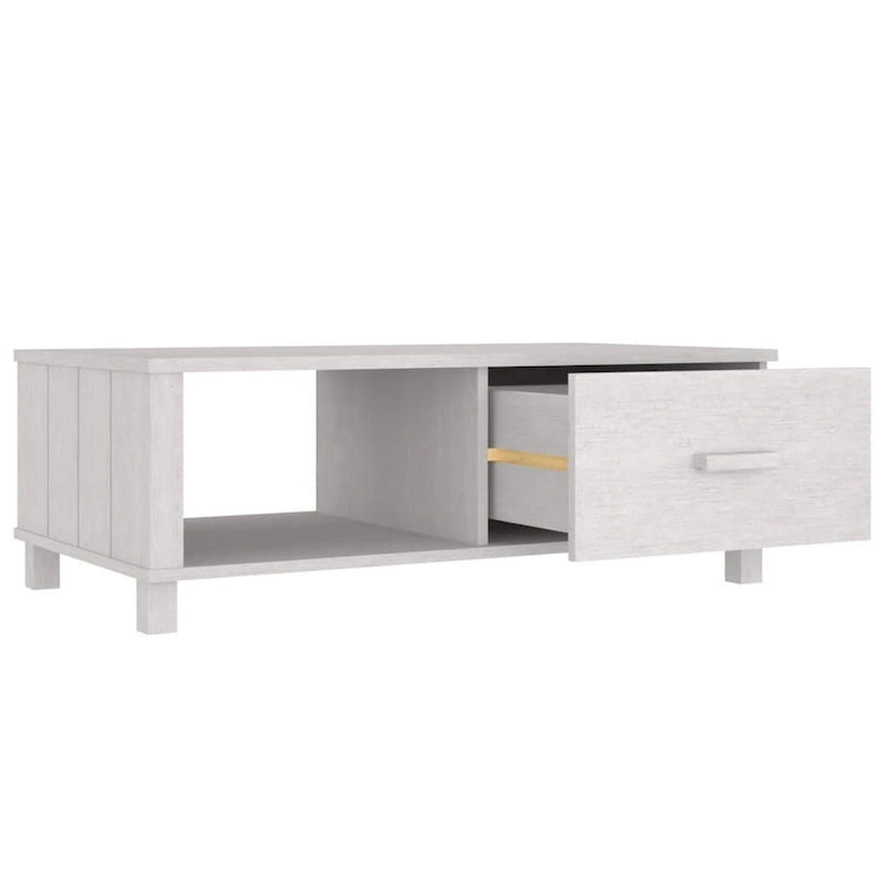 Table basse, rectangulaire, tiroir de rangement, bois de pin massif blanc