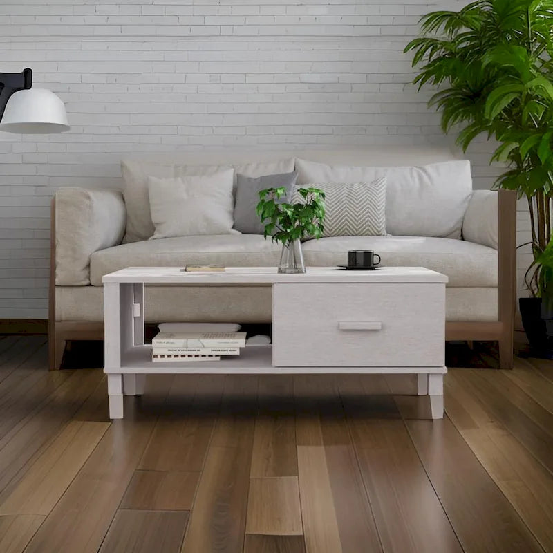 Table basse, rectangulaire, tiroir de rangement, bois de pin massif blanc