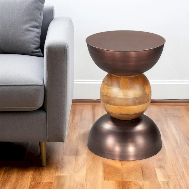 HomeRoots Table d'appoint piédestal ronde en fer et bois massif bronze et marron 20 - 14' X '20.3' X '14