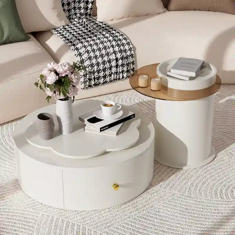 Table basse ronde moderne ensemble de 2, plateau rotatif à 360 degrés en forme de fleur avec 2 tiroirs, table d'appoint supérieure ronde avec verre