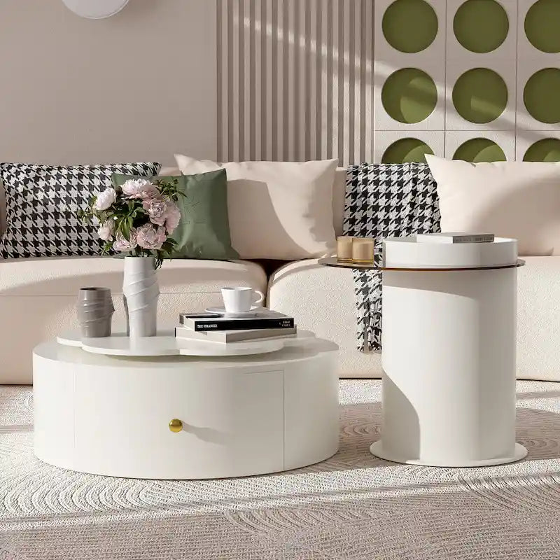 Table basse ronde moderne ensemble de 2, plateau rotatif à 360 degrés en forme de fleur avec 2 tiroirs, table d'appoint supérieure ronde avec verre