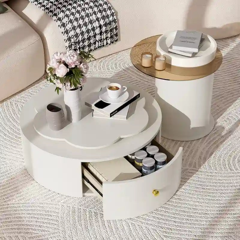 Table basse ronde moderne ensemble de 2, plateau rotatif à 360 degrés en forme de fleur avec 2 tiroirs, table d'appoint supérieure ronde avec verre