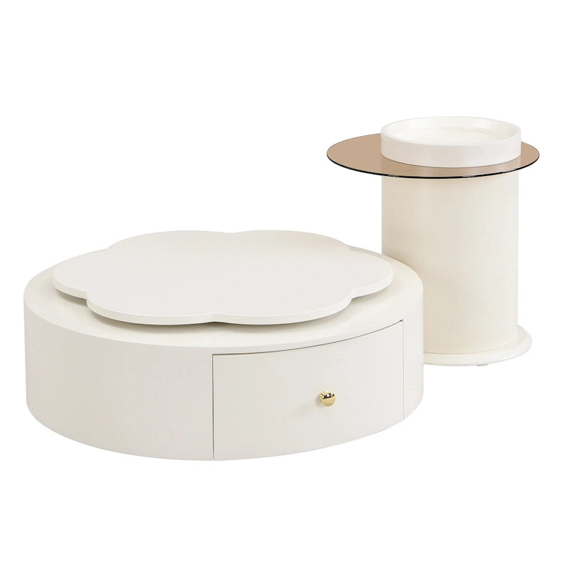 Table basse ronde moderne ensemble de 2, plateau rotatif à 360 degrés en forme de fleur avec 2 tiroirs, table d'appoint supérieure ronde avec verre