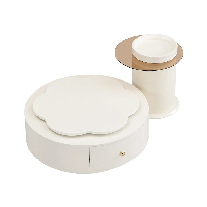 Table basse ronde moderne ensemble de 2, plateau rotatif à 360 degrés en forme de fleur avec 2 tiroirs, table d'appoint supérieure ronde avec verre