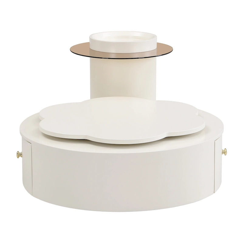 Table basse ronde moderne ensemble de 2, plateau rotatif à 360 degrés en forme de fleur avec 2 tiroirs, table d'appoint supérieure ronde avec verre