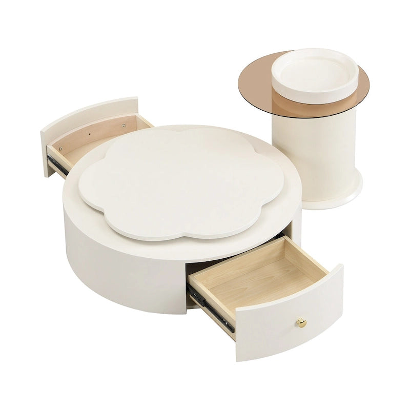 Table basse ronde moderne ensemble de 2, plateau rotatif à 360 degrés en forme de fleur avec 2 tiroirs, table d'appoint supérieure ronde avec verre