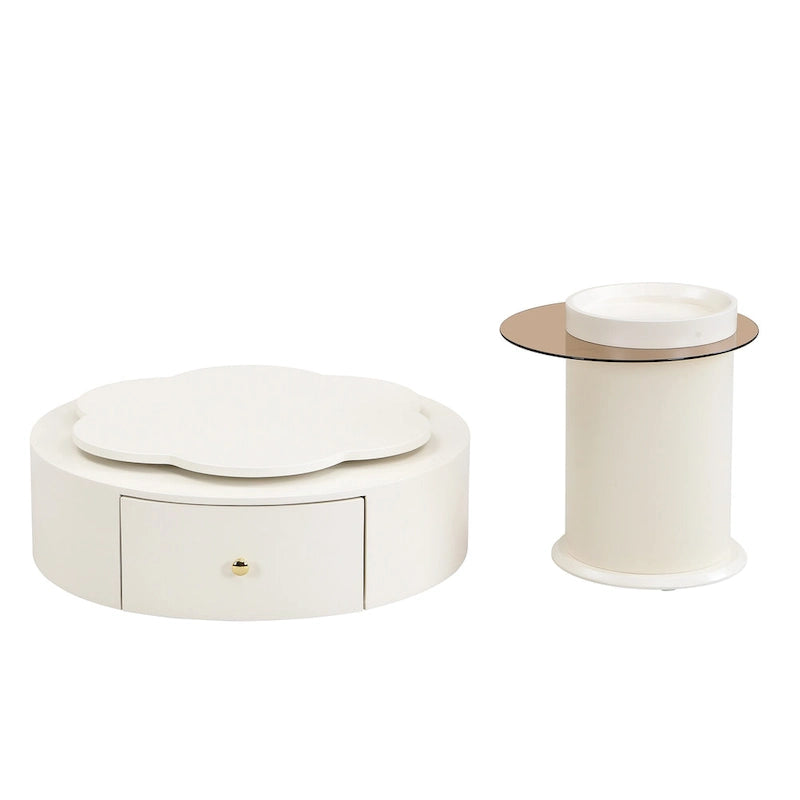 Table basse ronde moderne ensemble de 2, plateau rotatif à 360 degrés en forme de fleur avec 2 tiroirs, table d'appoint supérieure ronde avec verre