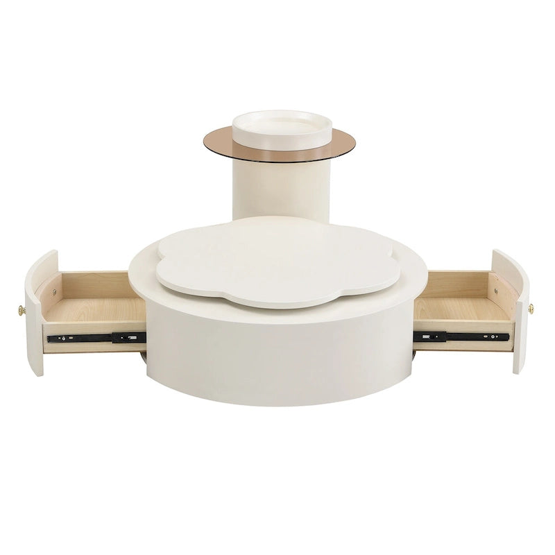 Table basse ronde moderne ensemble de 2, plateau rotatif à 360 degrés en forme de fleur avec 2 tiroirs, table d'appoint supérieure ronde avec verre
