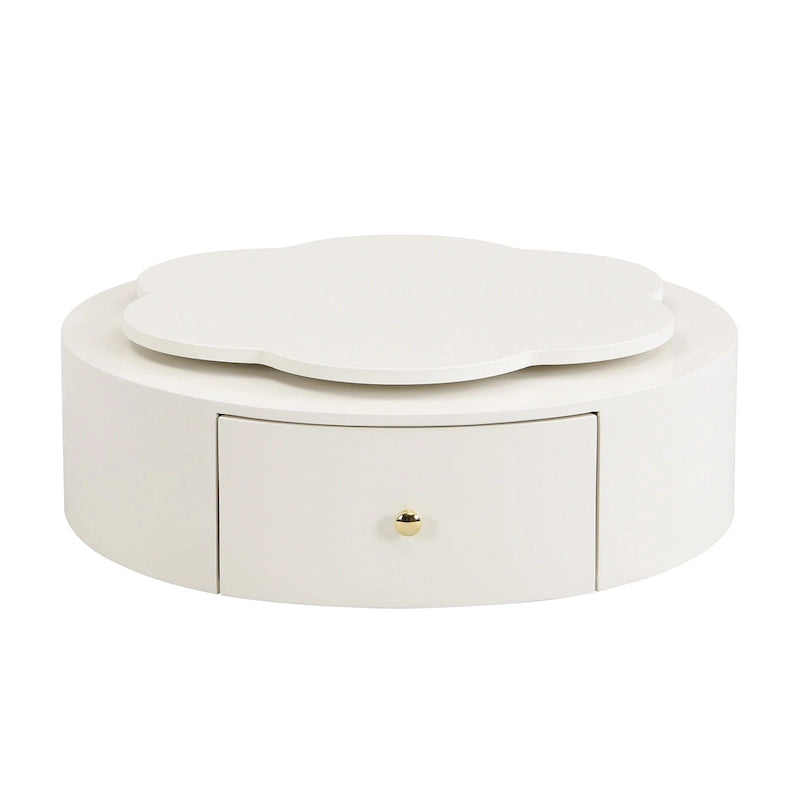 Table basse ronde moderne ensemble de 2, plateau rotatif à 360 degrés en forme de fleur avec 2 tiroirs, table d'appoint supérieure ronde avec verre