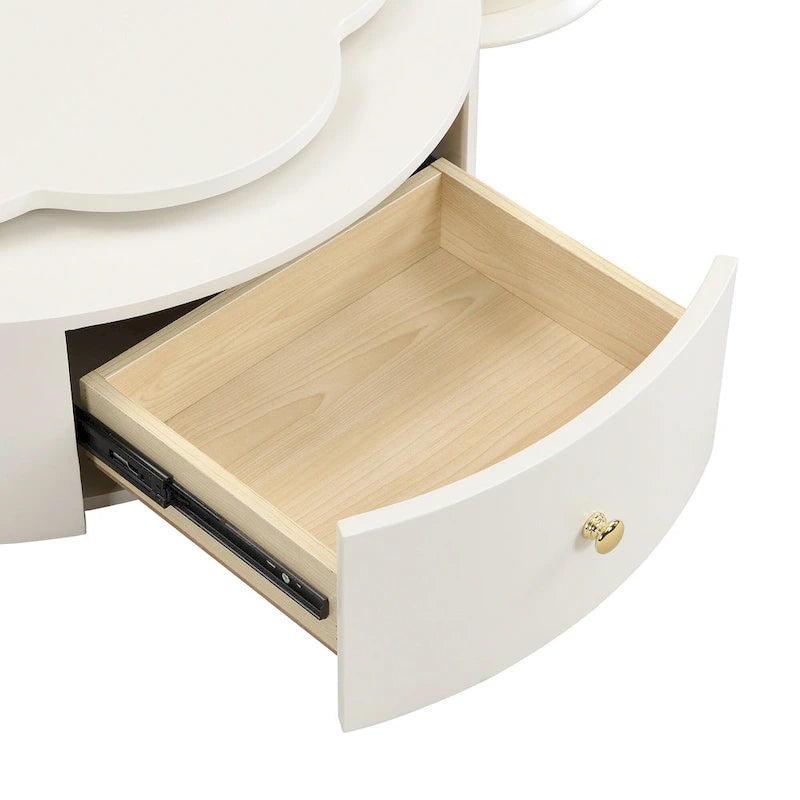 Table basse ronde moderne ensemble de 2, plateau rotatif à 360 degrés en forme de fleur avec 2 tiroirs, table d'appoint supérieure ronde avec verre