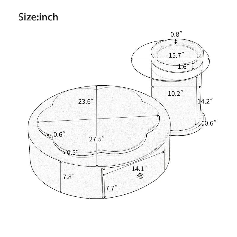 Table basse ronde moderne ensemble de 2, plateau rotatif à 360 degrés en forme de fleur avec 2 tiroirs, table d'appoint supérieure ronde avec verre