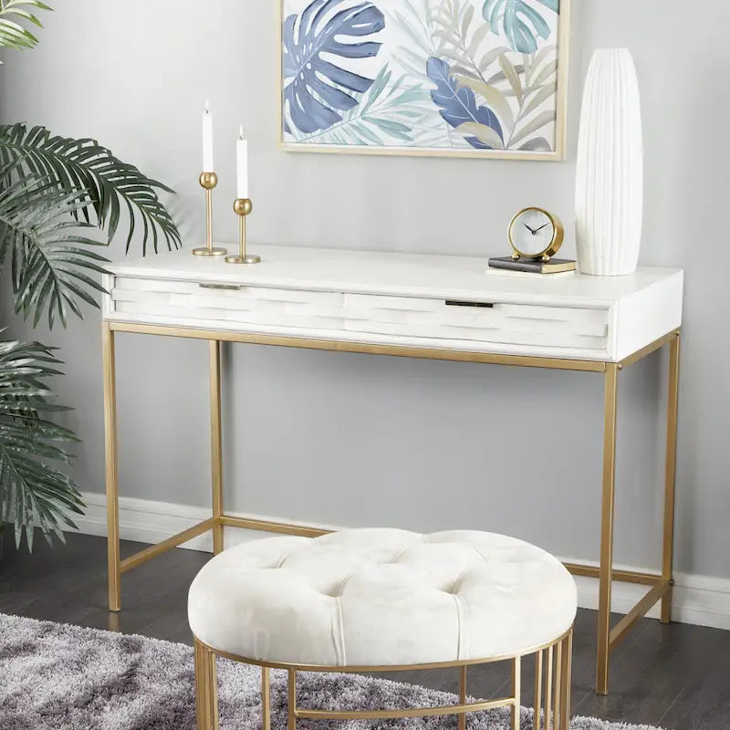Console 2 tiroirs en bois avec cadre en métal doré - Blanc - Roche River Decor