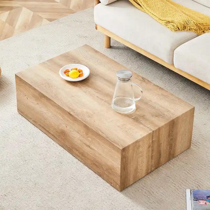 Table basse rectangulaire moderne avec base solide, Table basse en bois avec texture imitation marbre pour salon