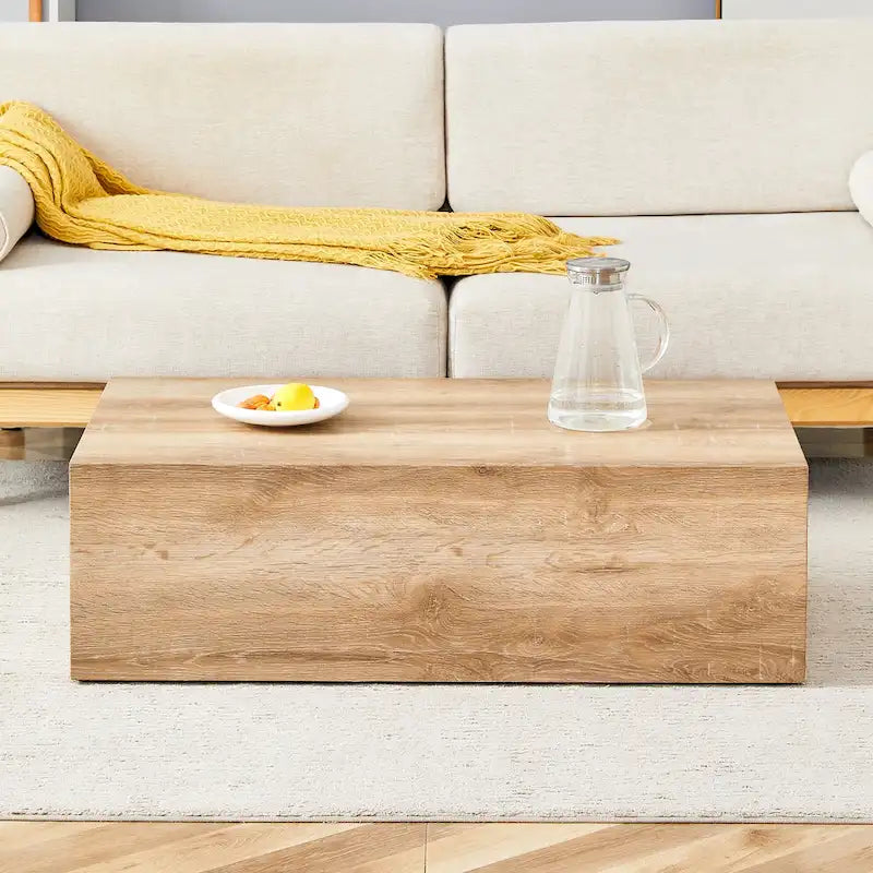 Table basse rectangulaire moderne avec base solide, Table basse en bois avec texture imitation marbre pour salon