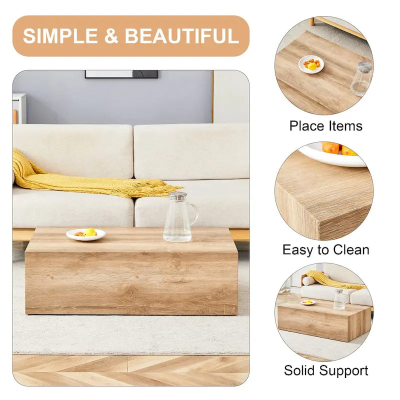 Table basse rectangulaire moderne avec base solide, Table basse en bois avec texture imitation marbre pour salon