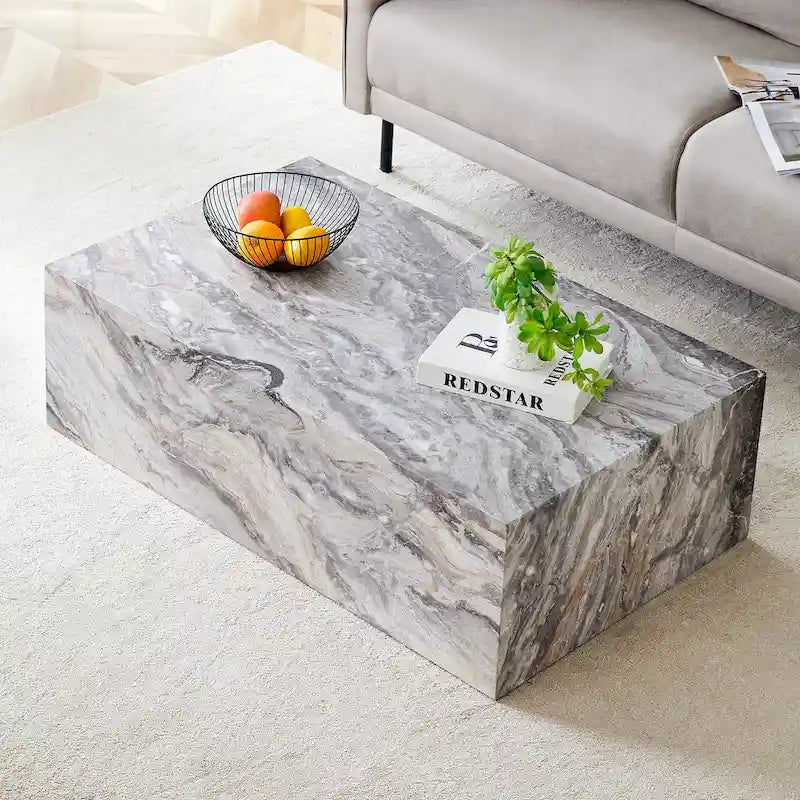 Table basse rectangulaire moderne avec base solide, Table basse en bois avec texture imitation marbre pour salon
