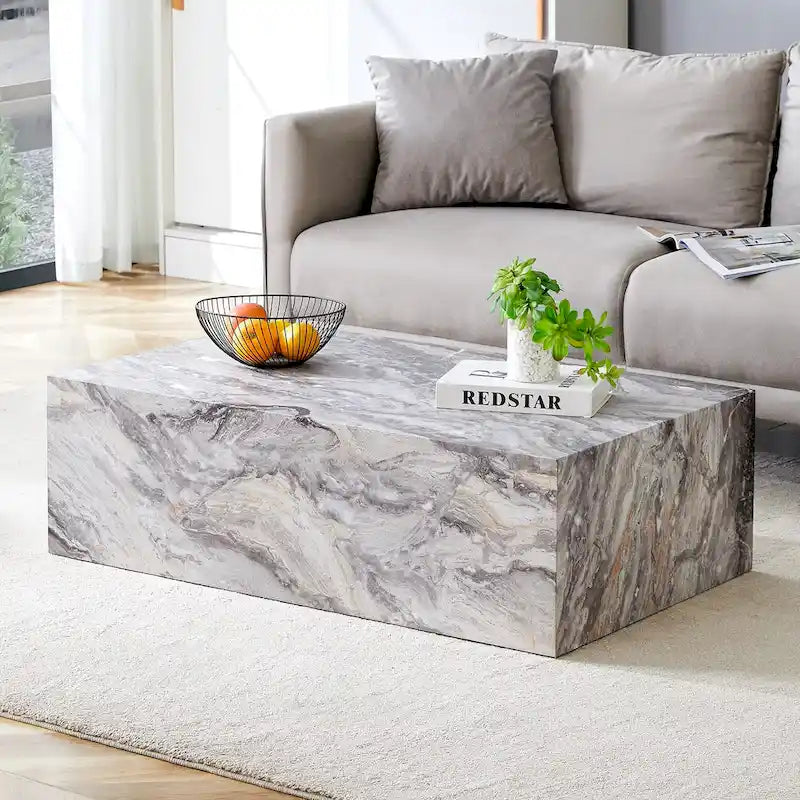 Table basse rectangulaire moderne avec base solide, Table basse en bois avec texture imitation marbre pour salon