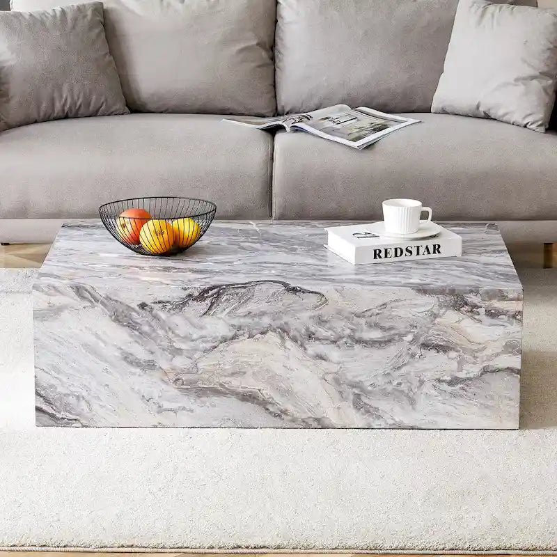 Table basse rectangulaire moderne avec base solide, Table basse en bois avec texture imitation marbre pour salon