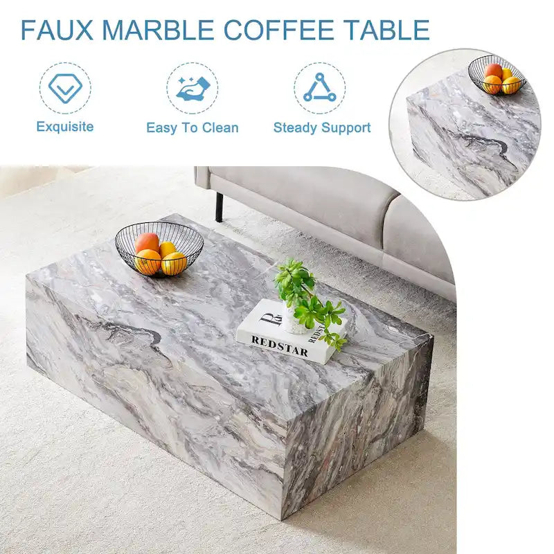 Table basse rectangulaire moderne avec base solide, Table basse en bois avec texture imitation marbre pour salon