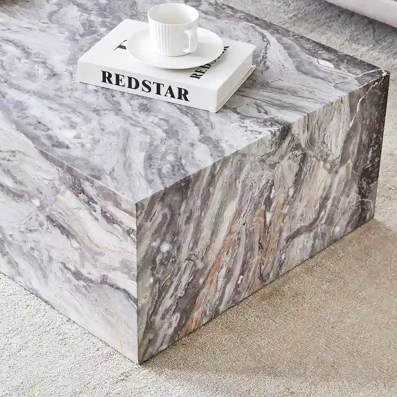Table basse rectangulaire moderne avec base solide, Table basse en bois avec texture imitation marbre pour salon