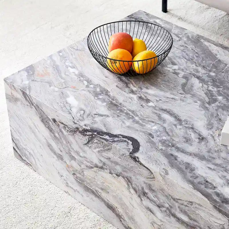 Table basse rectangulaire moderne avec base solide, Table basse en bois avec texture imitation marbre pour salon