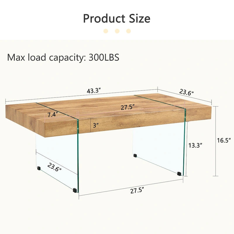 Table basse rectangulaire avec pieds en verre trempé, tables d'appoint en bois, tables basses en bois pour salon, salle de réception