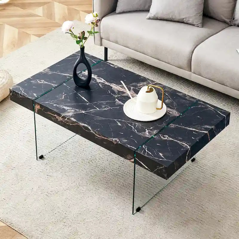 Table basse rectangulaire avec pieds en verre trempé, tables d'appoint en bois, tables basses en bois pour salon, salle de réception