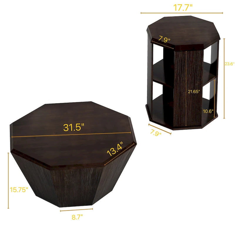 Tables basses octogonales en bois d'hévéa de 31,5" (lot de 2 pièces)