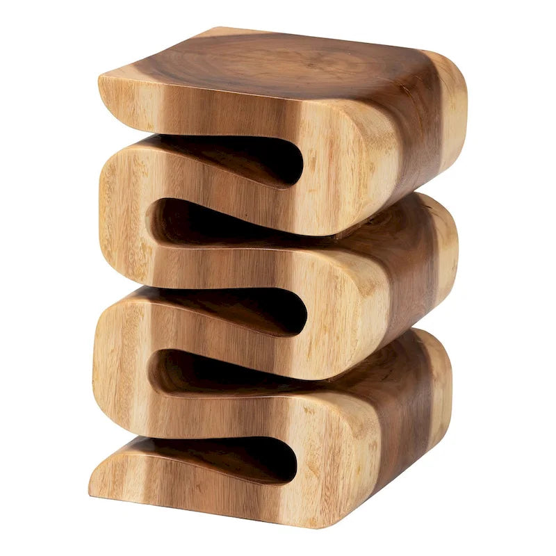 Table d'appoint Eliada en bois de suar sculptée à la main - Table d'appoint sculpturale ondulée, style bohème moderne pour salon ou chambre à coucher