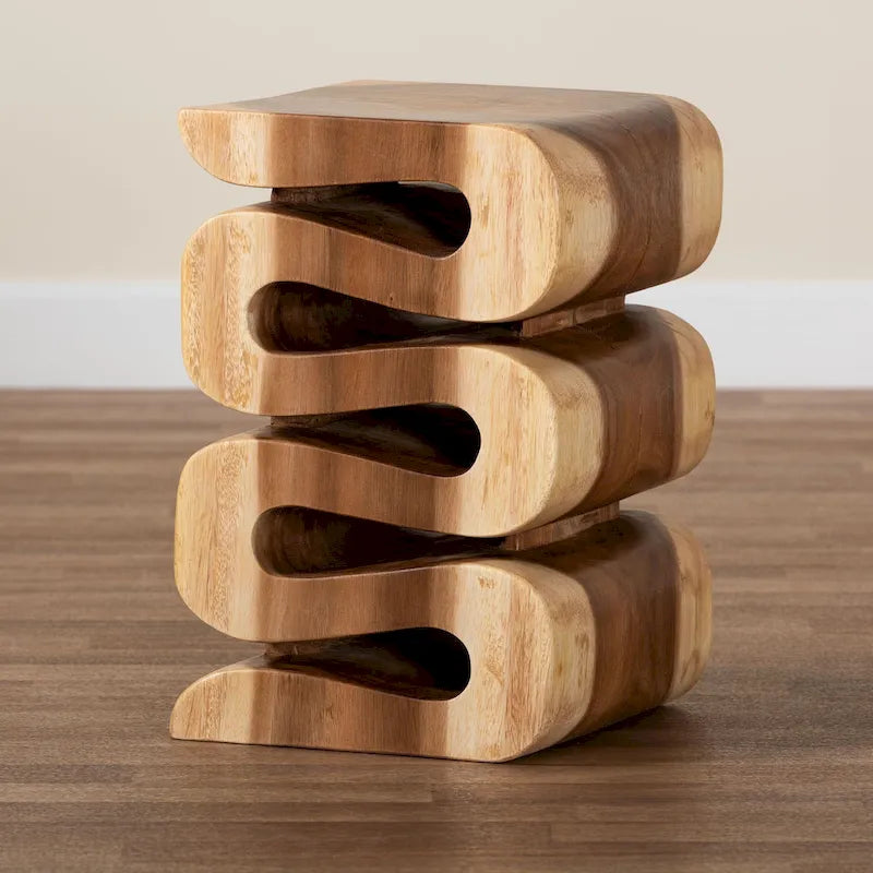 Table d'appoint Eliada en bois de suar sculptée à la main - Table d'appoint sculpturale ondulée, style bohème moderne pour salon ou chambre à coucher