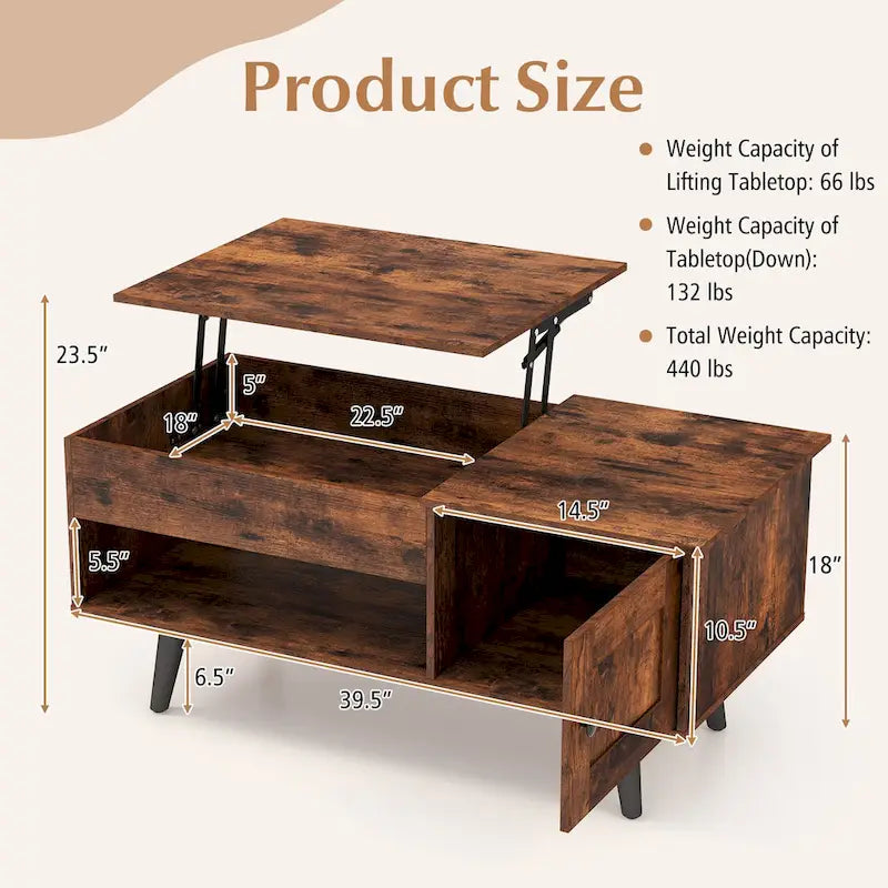 Table basse à plateau relevable Costway avec compartiment de rangement caché - Voir détails