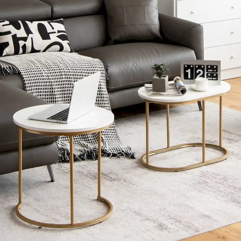 Table basse gigogne Costway Moderne ensemble de 2 tables basses d'appoint en marbre
