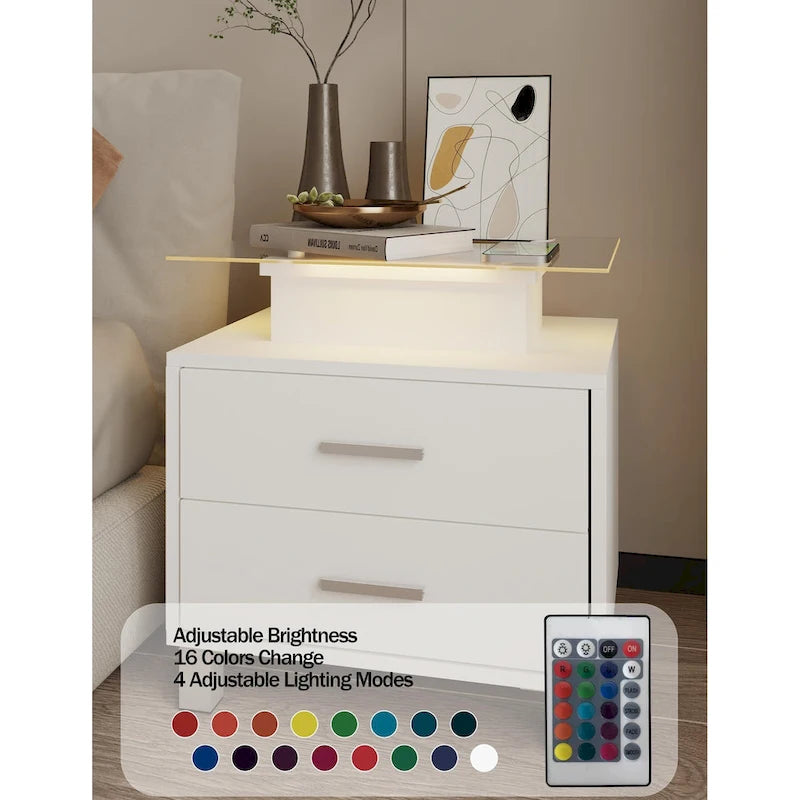 Table de chevet moderne avec station de charge et lumières LED - 2 tiroirs