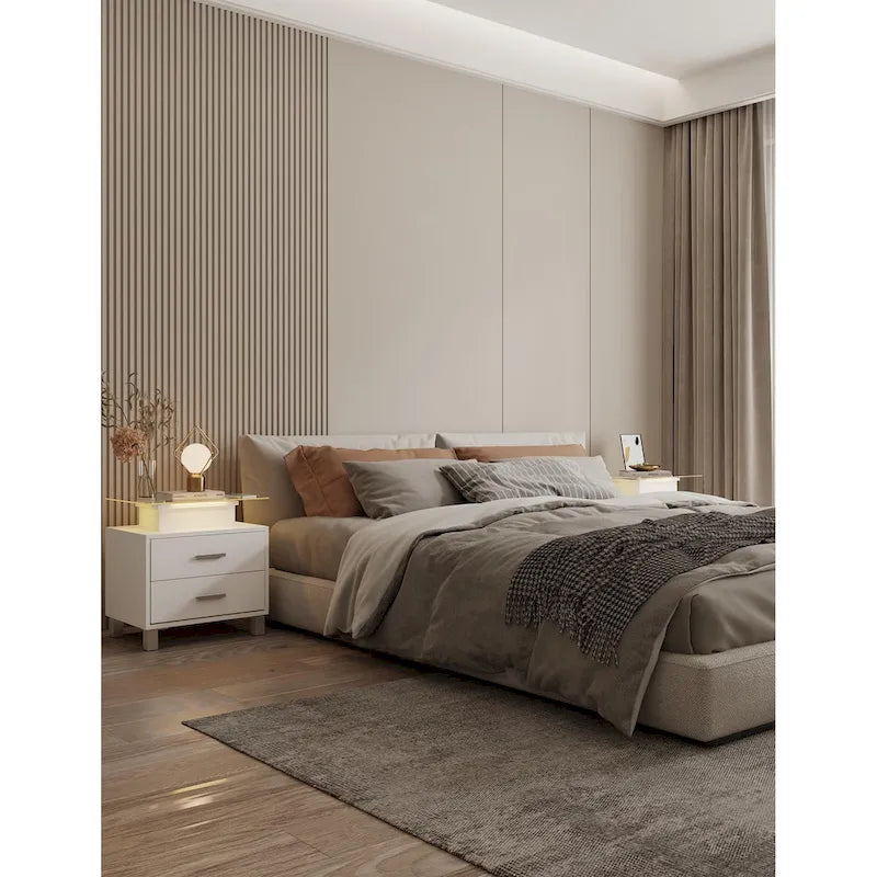 Table de chevet moderne avec station de charge et lumières LED - 2 tiroirs